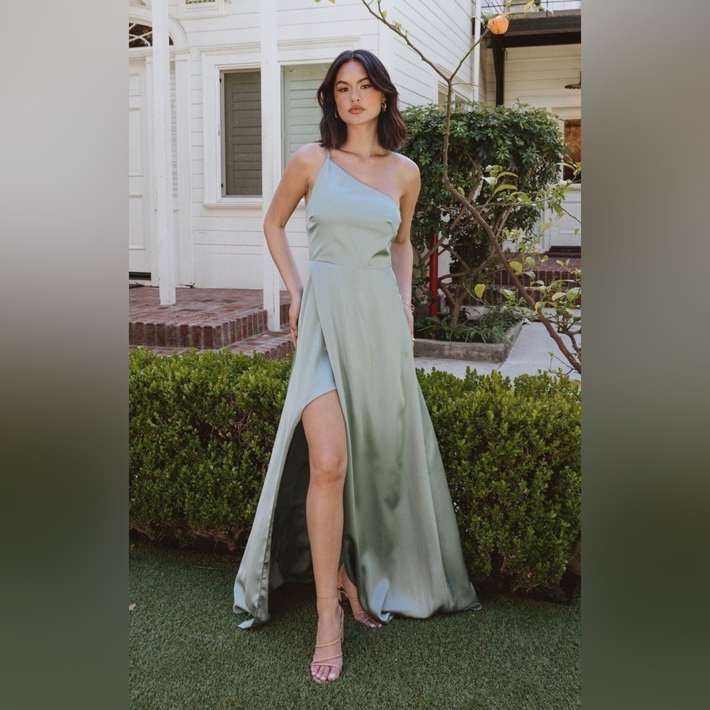 Show Me Your Mumu Shannon One Shoulder Satin Maxi Dress Green